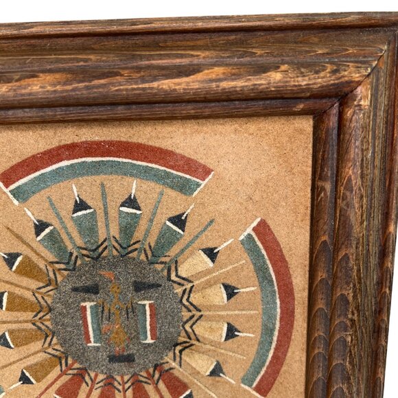 Navajo Sand Painting With Geometric Design In Wooden Frame - Picture 3 of 11
